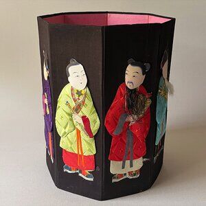 Vintage Chinese Immortals Folding Paper Basket Silk & Paper Asian Decor